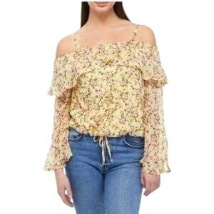 A Byer NWT Women's Yellow Floral Cold Shoulder Blouse Size S